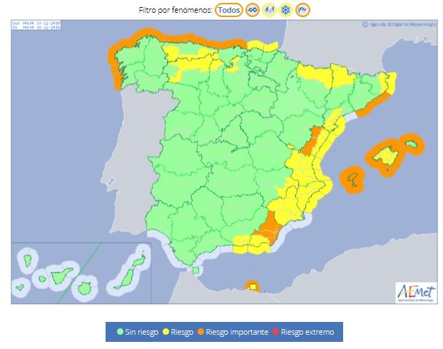 Foto 3: Avisos emitidos por AEMET para el 14 de diciembre de 2018 generados parcialmente por Flora del 12 de diciembre a las 15 h.l. AEMET Foto 3: Avisos emitidos por AEMET para el 14 de diciembre de 2018 generados parcialmente por Flora del 12 de diciembre a las 15 h.l. AEMET