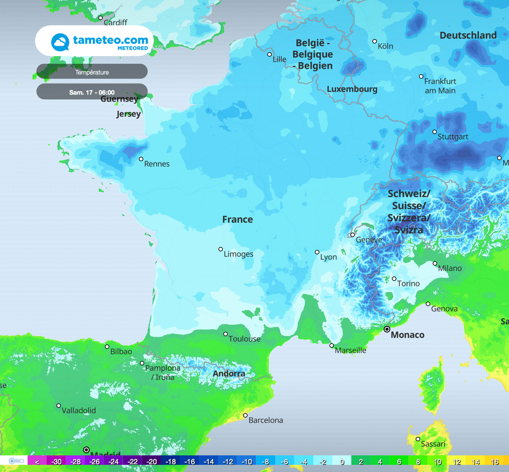 Températures prévues pour samedi matin vers 06h. Les gelées sont quasiment généralisées sur le pays.