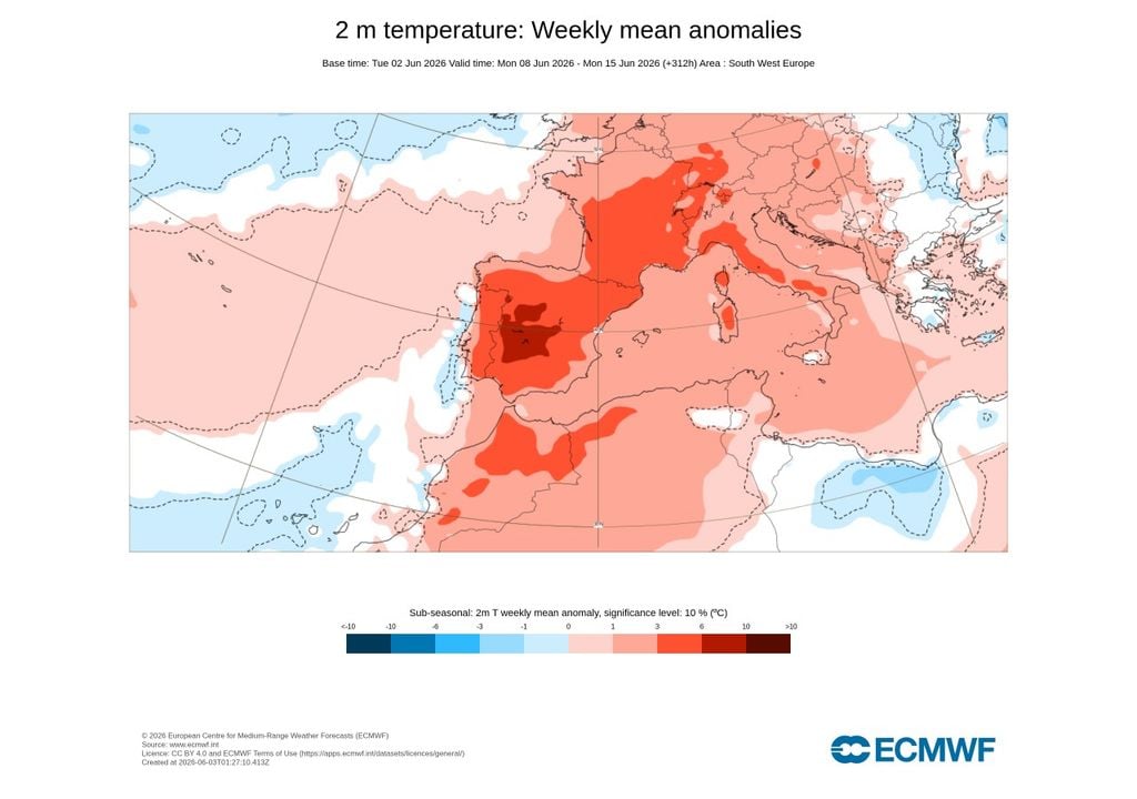 Anomalías de temperatura previstas por el modelo europeo para la próxima semana.