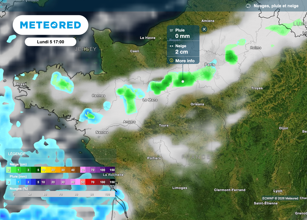 De petites chutes de neige envisagées lundi en fin de journée au nord de la Loire.