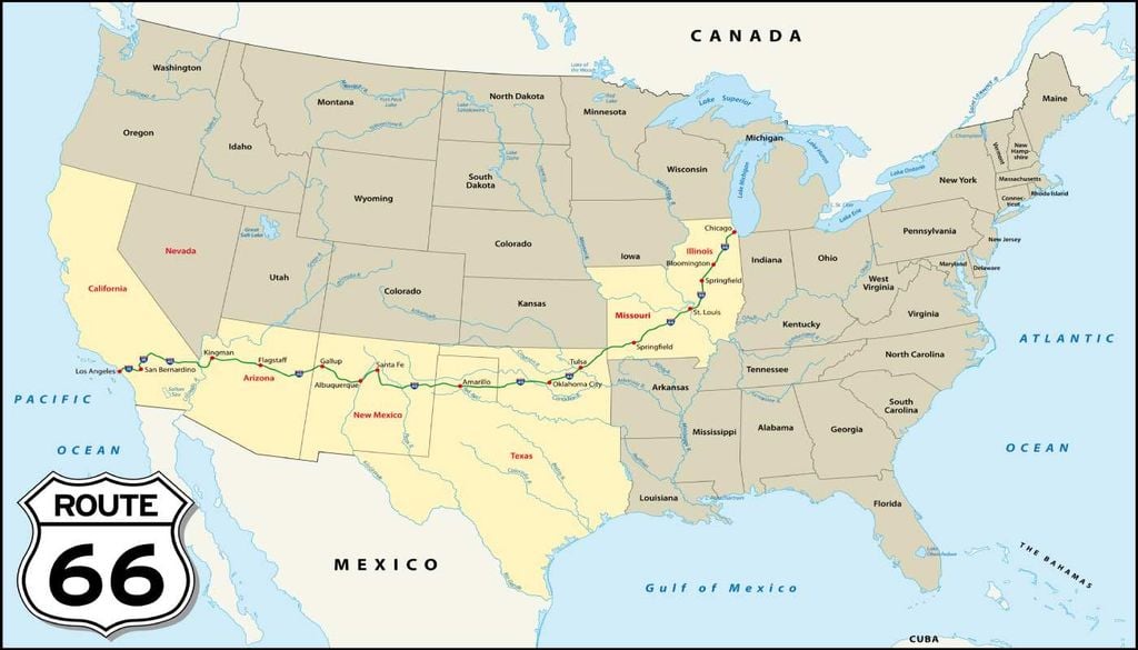 Mapa Route 66 A Route 66 tem cerca de 3.940 km, ligando Chicago, Illinois, a Santa Monica, Califórnia.