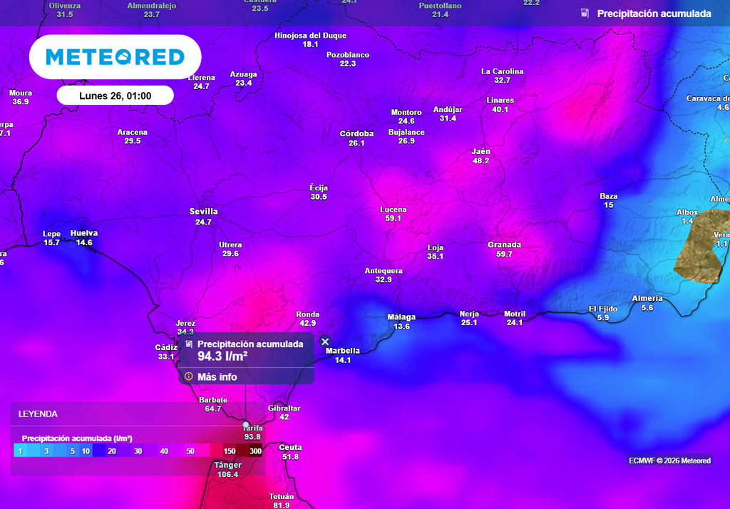 En el entorno del Estrecho los acumulados pueden rondar los 100 l/m2 hasta el domingo.