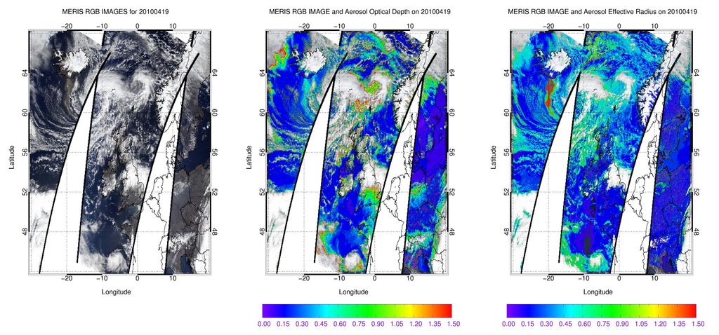 El penacho de ceniza del volcán y de las nubes del Eyjafjallajoekull de Islandia Imagen compuesta Rojo-Verde-Azul (izquierda) muestra el penacho de ceniza del volcán y de las nubes del Eyjafjallajoekull de Islandia, según el sensor MERIS del Envisat el 19 de abril de 2010. La imagen central muestra la profundidad óptica del aerosol y la imagen derecha muestra el radio eficaz del aerosol (la nube de ceniza en rojo). Créditos: W. von Hoyningen-Huene