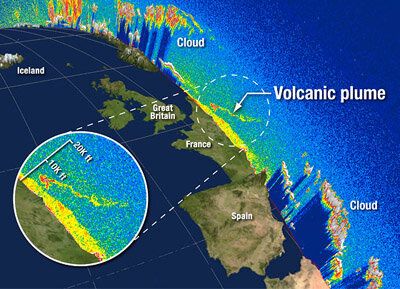 Pluma de ceniza Esta imagen muestra la pluma de ceniza medida sobre Francia del volcán Eyjafjallajoekull el 17 de abril de 2010 desde el satélite CALIPSO de la NASA.Créditos: NASA