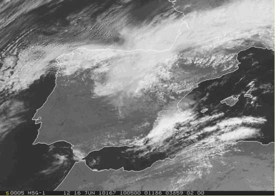 Imagen del canal visible del satélite MSG del 16 junio de 2010 a las 10:05. Fuente: AEMET