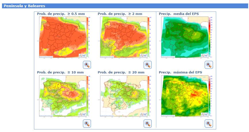 Predicciones probabilistas, paneles de la izquierda y centro, y deterministas, paneles de la derecha, de precipitación acumulada en 24 h por el modelo ENS del CEPMP. Predicciones probabilistas, paneles de la izquierda y centro, y deterministas, paneles de la derecha, de precipitación acumulada en 24 h por el modelo ENS del CEPMP.