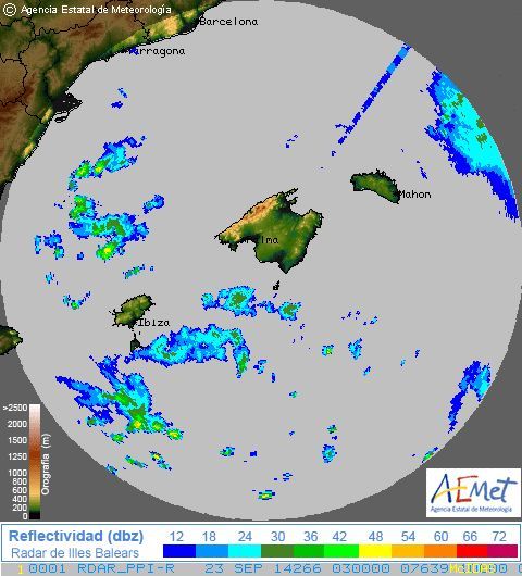 Imagen radar PPI de Palma de Mallorca de primeras horas de la mañana. Fuente AEMET Imagen radar PPI de Palma de Mallorca de primeras horas de la mañana. Fuente AEMET