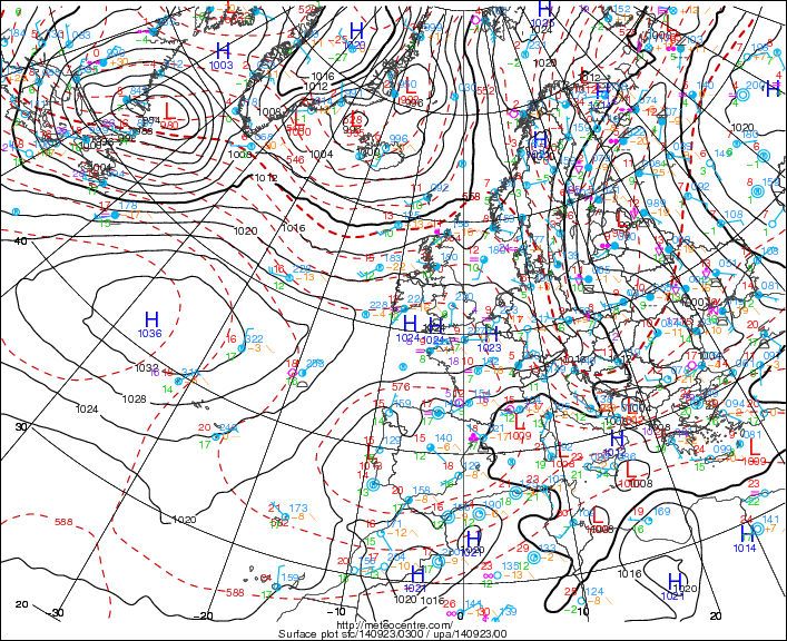 Mapas de superficie del 23 de sept. 2014 a las 03 UTC. Fuente: Meteocentre. Mapas de superficie del 23 de sept. 2014 a las 03 UTC. Fuente: Meteocentre.