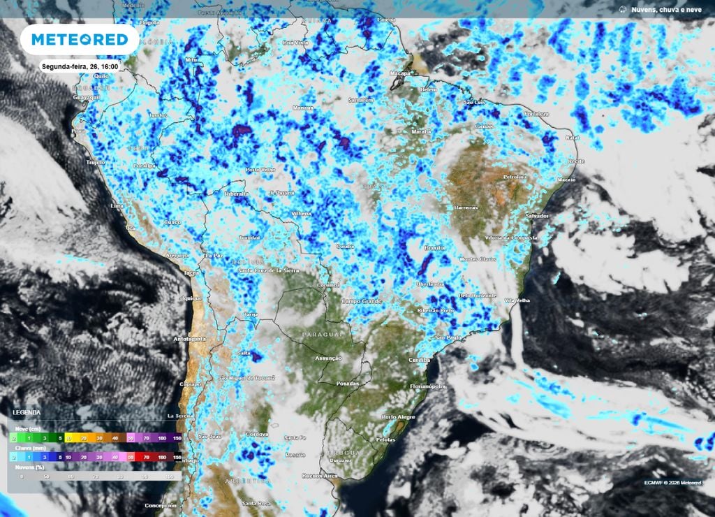 previsão do tempo Previsão de chuva e nebulosidade para a tarde da segunda-feira, 26 de janeiro.