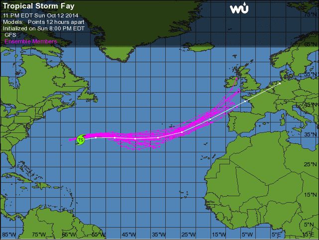 Trayectorias del centro de la tormenta tropical Fay previstas a varios días vistas partiendo de las pasadas de los modelos Probabilistas del GFS