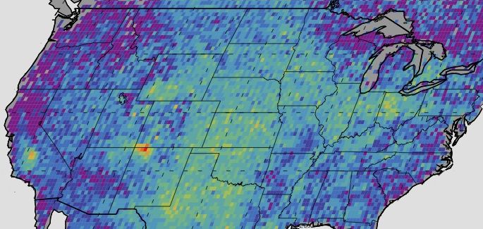 Foto: El punto caliente de metano en EE.UU. es más grande que lo que se espereba El área de las Cuatro Esquinas (en color rojo) es el “punto caliente” más importante de Estados Unidos respecto de las emisiones de metano. En este mapa se muestra cuánto variaron las emisiones de las concentraciones históricas promedio registradas entre 2003 y 2009 (los colores oscuros están por debajo del promedio; los colores más claros están por encima). Crédito de la imagen: NASA/JPL-Caltech/Universidad de Michigan