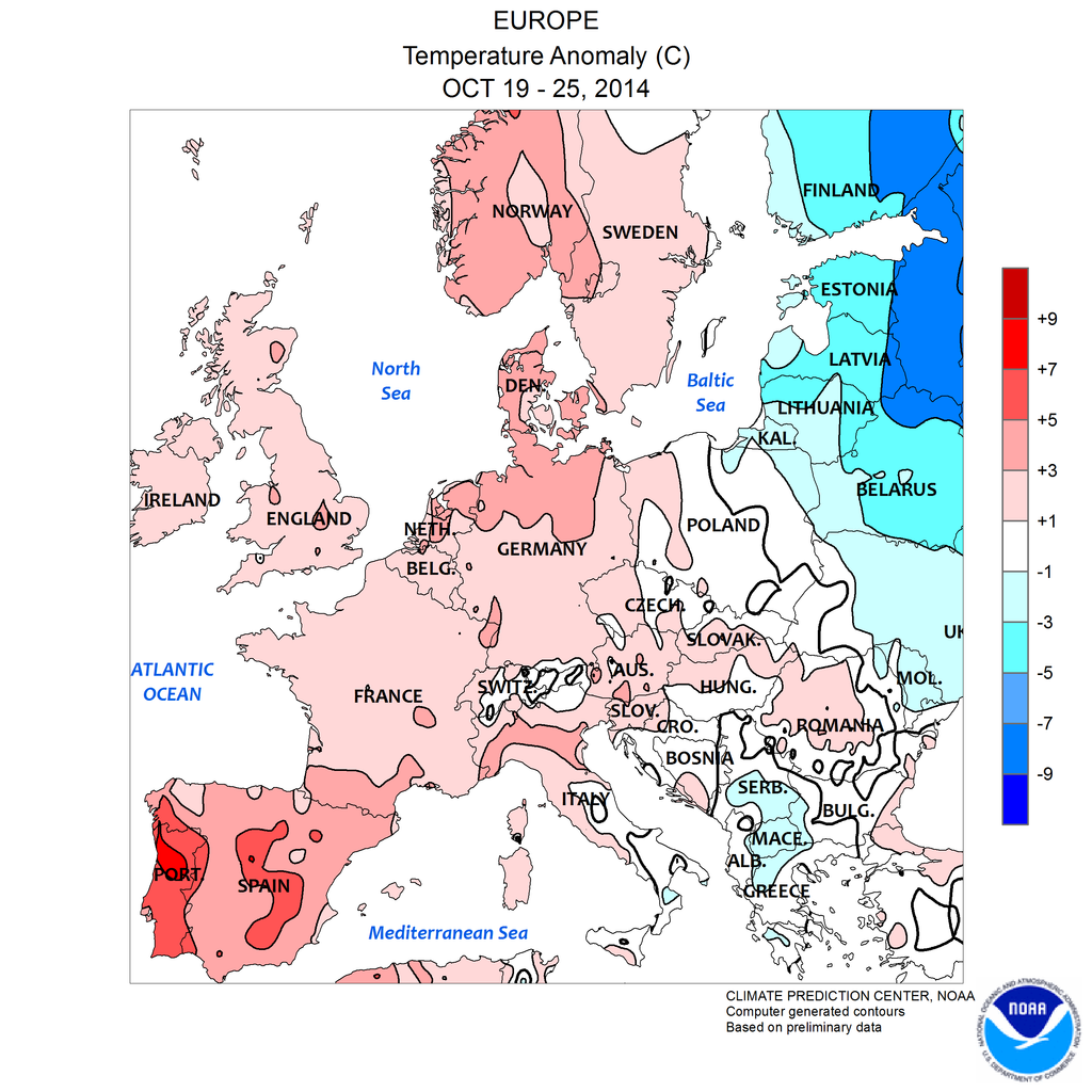 Algunos mapas de temperaturas y anomalías para el período del 19 - 25 de octubre de 2014. Fuente: NOAA