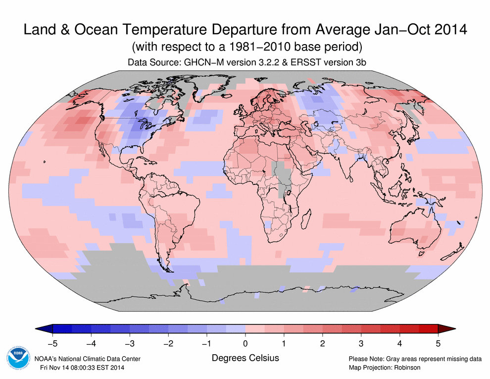 Anomalías térmicas tierra-océano para el periodo enero-octubre de 2014 respecto al periodo base 1981-2010. Fuente: NOAA