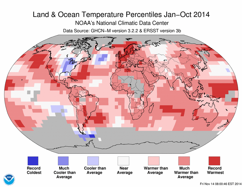 Idem pero para percentiles térmicos tierra-océano para el periodo enero-octubre de 2014. Fuente: NOAA