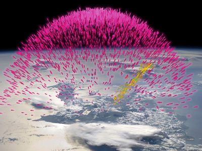 Un TGF produce rayos gamma Un TGF produce rayos gamma (magenta) así como electrones de alta energía (amarillo) y positrones (verde). Esta simulación emula a un TGF y a su haz de partículas desde una altutud origen de 15 km hasta 600 km, más alla de la órbita de Fermi. Crédito: Joe Dwyer/Florida Inst. of Technology