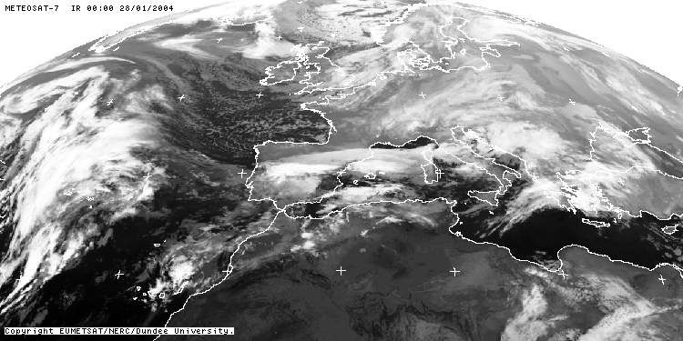 Imagen Meteosat infrarroja, IR, del 28 a las 00 UTC. Un frente frío está barriendo Inglaterra. Foto de la Universidad de Dundee