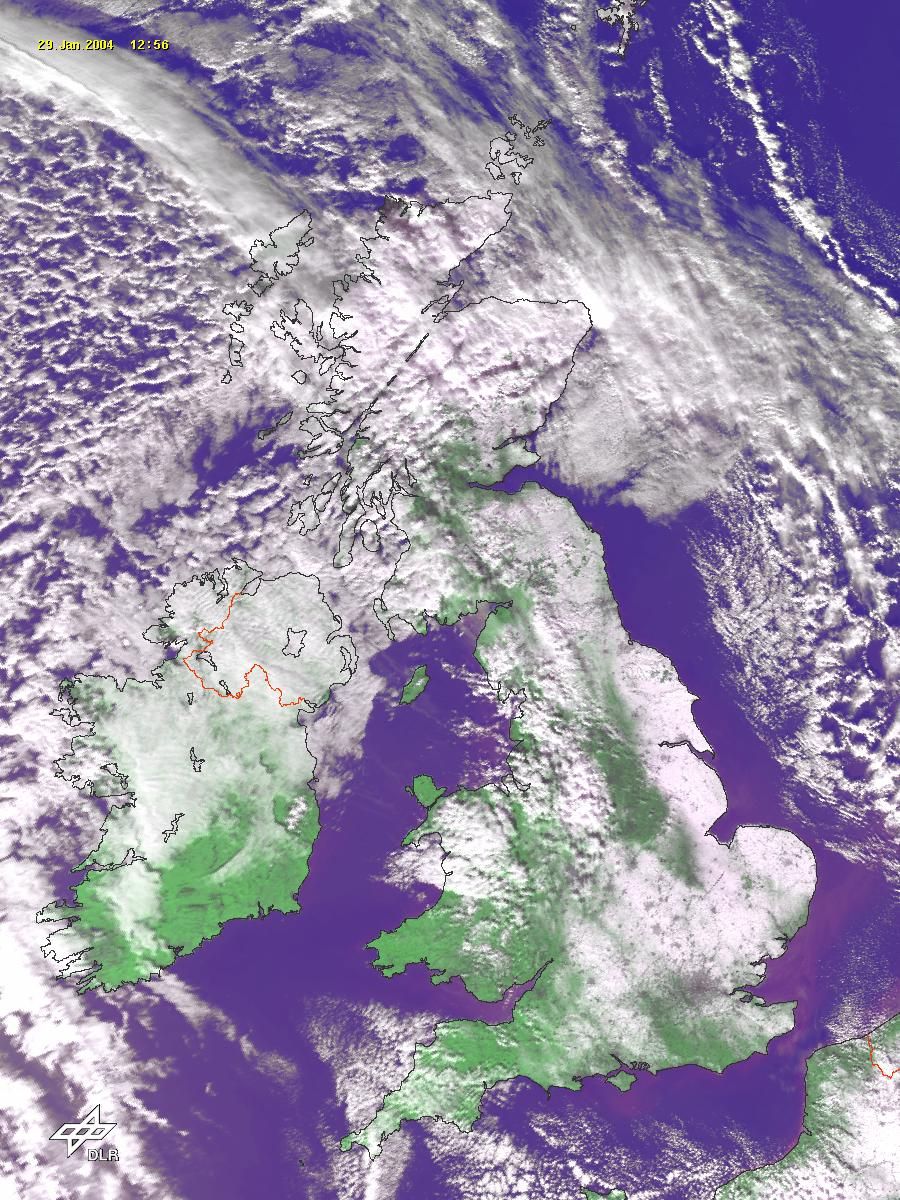 Imagen NOAA donde se han com binado tres canales, uno de ellos el VIS. para realzar las zonas nevadas, el suelo en verde y mar en azul. Ver texto para detalles.