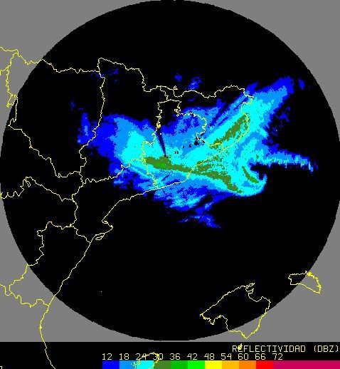Fig. 9. Imagen de reflectividad radar del PPI más bajo. Radar de BCN. 8/03/2010. 15:40 UTC. Fig. 9. Imagen de reflectividad radar del PPI más bajo. Radar de BCN. 8/03/2010. 15:40 UTC.