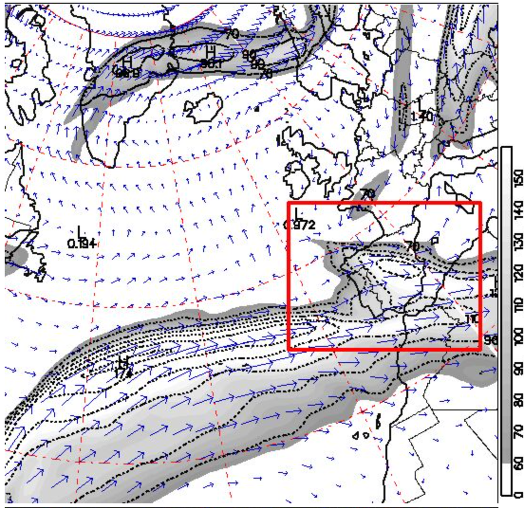 Fig. 16 (a) Análisis del viento y de la corriente en chorro en 300 hPa Fig. 16 (a) Análisis del viento y de la corriente en chorro en 300 hPa