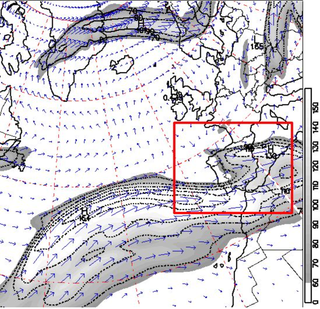Fig. 16 (b) Análisis del viento y de la corriente en chorro en 300 hPa Fig. 16 (b) Análisis del viento y de la corriente en chorro en 300 hPa