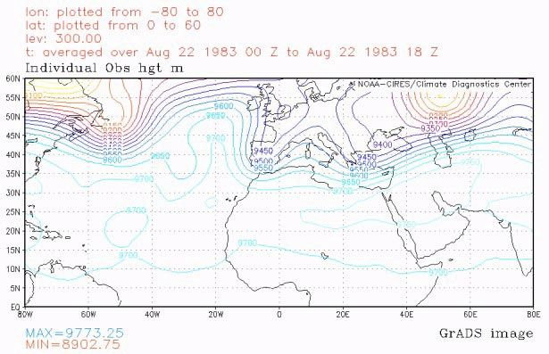 Figura 3. Ídem que en caso anterior pero al nivel de 300 hPa, día 22 Figura 3. Ídem que en caso anterior pero al nivel de 300 hPa, día 22