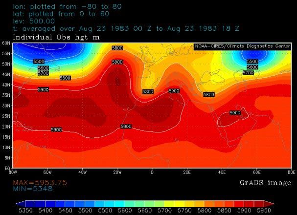 Figura 7. Ídem pero para el nivel de 500 hPa, día 23 Figura 7. Ídem pero para el nivel de 500 hPa, día 23