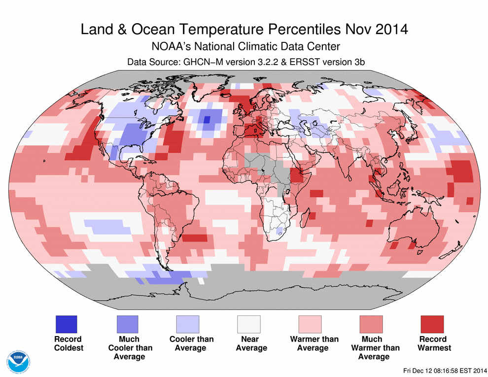 La temperatura global de noviembre de 2014 alcanza el séptimo más alto registrado La temperatura global de noviembre de 2014 alcanza el séptimo más alto registrado