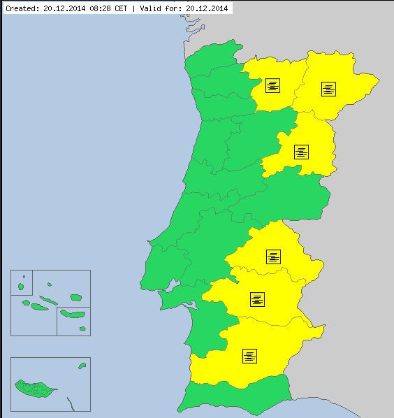 Avisos de nieblas para Portugal a las 08:55 h.l. en zonas donde se comparten zonas comunes climatológicamente.
