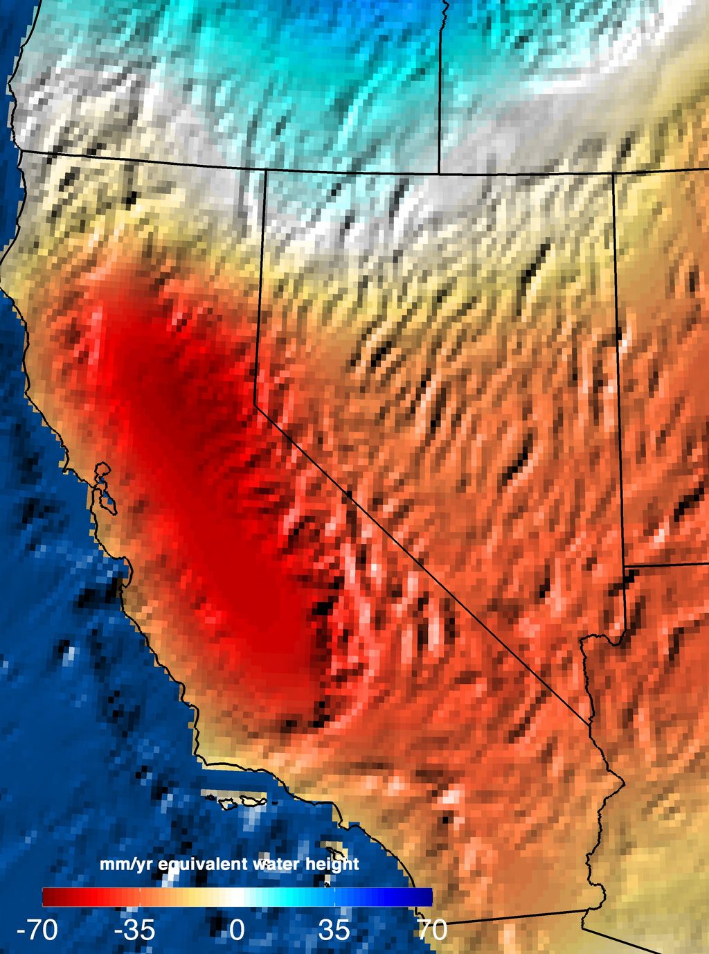 Los datos provistos por los satélites de la NASA revelan la gravedad de la sequía en California, en las Fuentes de agua de todo el estado. Este mapa muestra la tendencia en el almacenamiento de agua entre septiembre de 2011 y septiembre de 2014. La escala de la imagen representa la altura del agua equivalente a milímetros por año. Crédito de la imagen: NASA JPL
