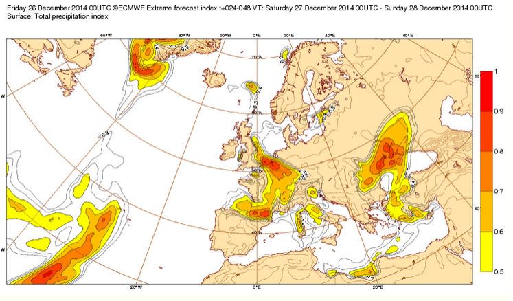 Foto 1.- EFI de precipitación en 24h entre el 27-28 de diciembre de 2014 EFI de precipitación en 24h entre el 27-28 de diciembre de 2014