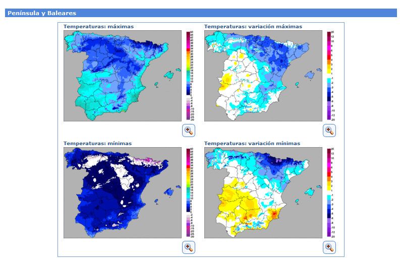 Foto 1.- Temperaturas extremas (máxima y mínimas) y variaciones en 24h para el 28 de diciembre de 2014. Fuente: AEMET Temperaturas extremas (máxima y mínimas) y variaciones en 24h para el 28 de diciembre de 2014. Fuente: AEMET
