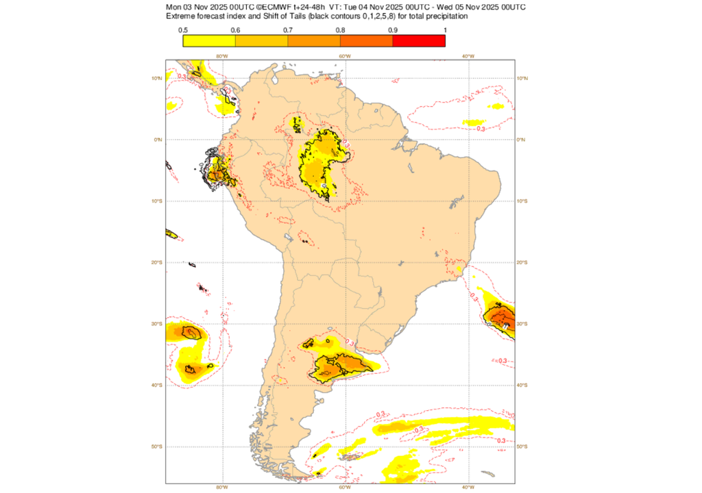 EFI do ECMWF para precipitação nesta terça-feira (4). Créditos: ECMWF.