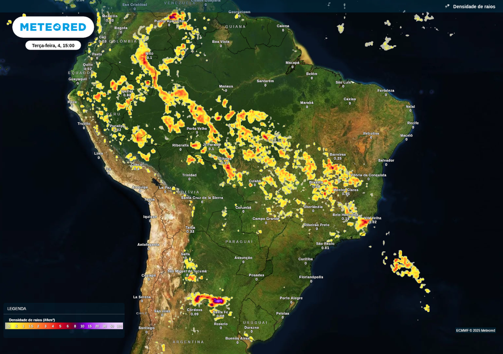 Previsão de tempestades nesta terça-feira (4), de acordo com o ECMWF.