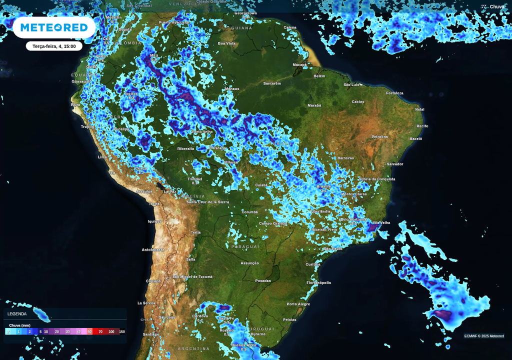 Previsão de chuva na tarde de terça-feira (4), de acordo com o ECMWF.