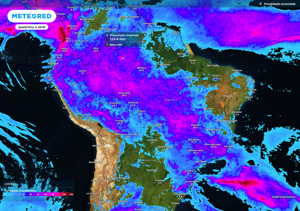Previsão de chuva acumulada até o fim da terça-feira (3), de acordo com o ECMWF.