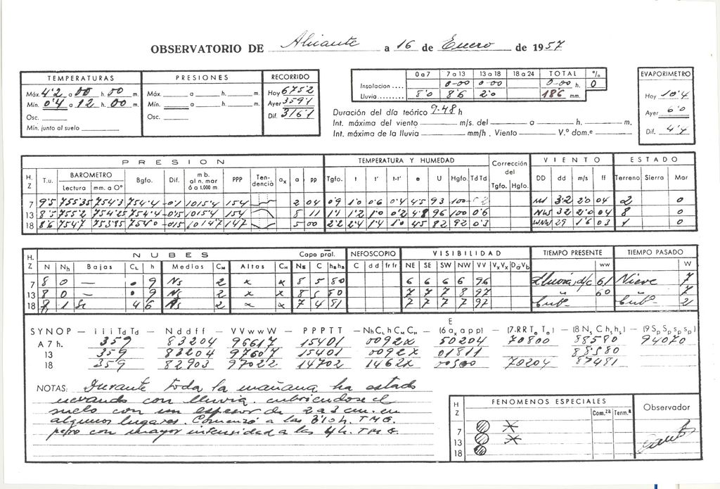 Parte meteorológico correspondiente a la nevada en Alicante del 16 de enero de 1957 Foto 9. Parte meteorológico correspondiente a la nevada en Alicante del 16 de enero de 1957