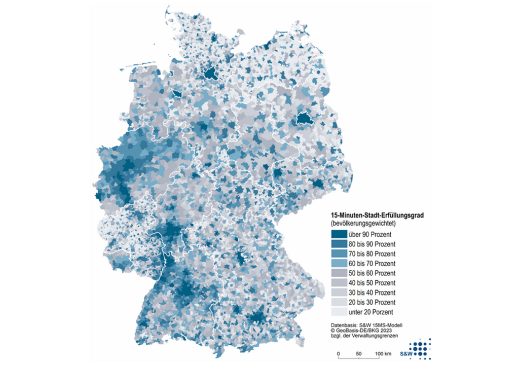 Deutschlandkarte mit dem Erfüllungsgrad der 15-Minuten-Stadt.