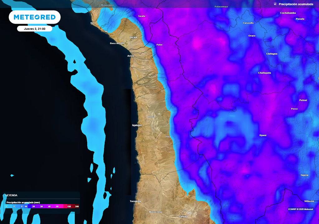 lluvias acumuladas previstas Las tres regiones del norte grande esperan precipitaciones en sectores cordilleranos durante la próxima semana.