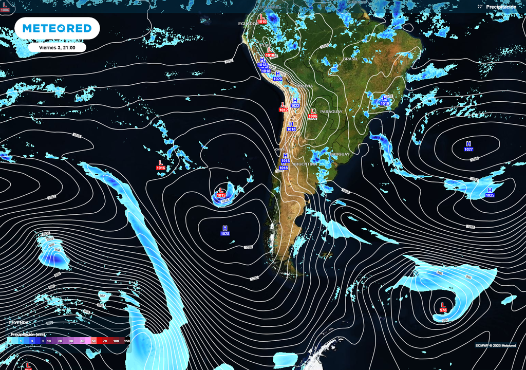 lluvias y presión Un extenso anticiclón se posicionará frente a Chile durante el fin de semana santo.