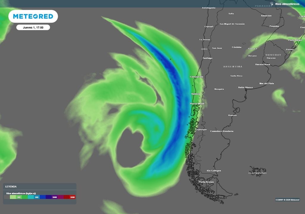 río atmosférico previsto Un gran sistema frontal llegará con río atmosférico al sur de Chile. Sus precipitaciones se extenderán desde la Patagonia hasta el Norte Grande.