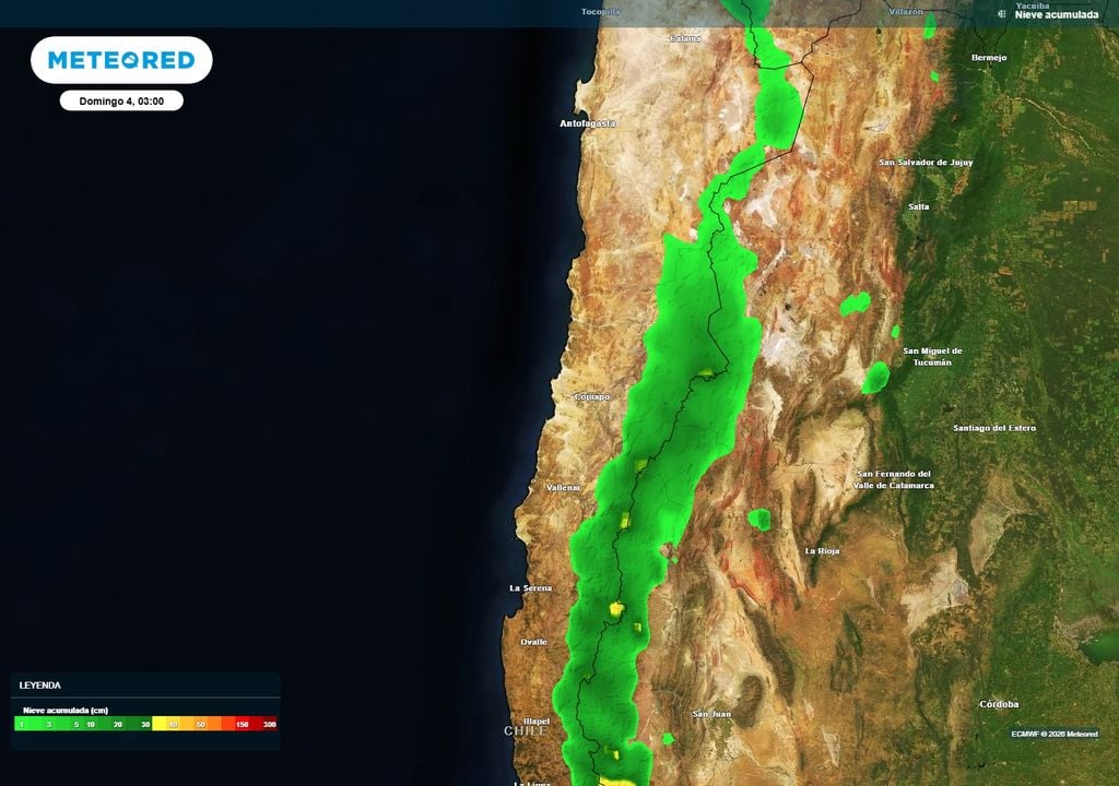nieve acumulada prevista La nieve volverá a pintar de blanco la cordillera del norte de Chile. Sectores de Atacama y Coquimbo serán los que recibirán los montos más elevados.