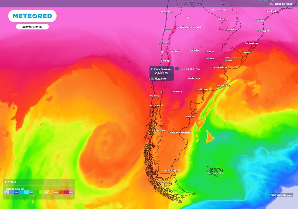 cota de nieve La cota de nieve estará alta durante la llegada del sistema frontal. El río atmosférico incrementará las precipitaciones del frente.