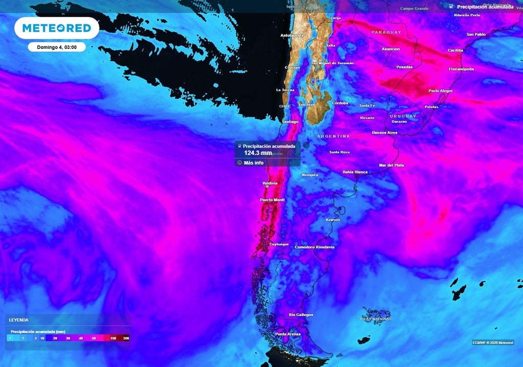 lluvias acumuladas Las precipitaciones volverán acumular montos por sobre el promedio esta semana. Las precipitaciones se presentarán desde el norte y hasta la Patagonia, pero serán las regiones del sur las más afectadas por el impacto de un frente con río atmosférico.