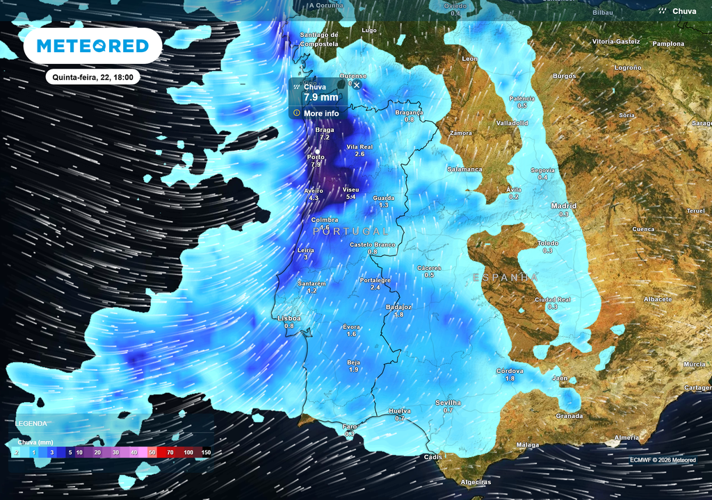 No dia de hoje (22), quinta-feira pelas 18h a cidade do Porto irá registar 8 mm de chuva horária sob a influência direta da depressão Ingrid.
