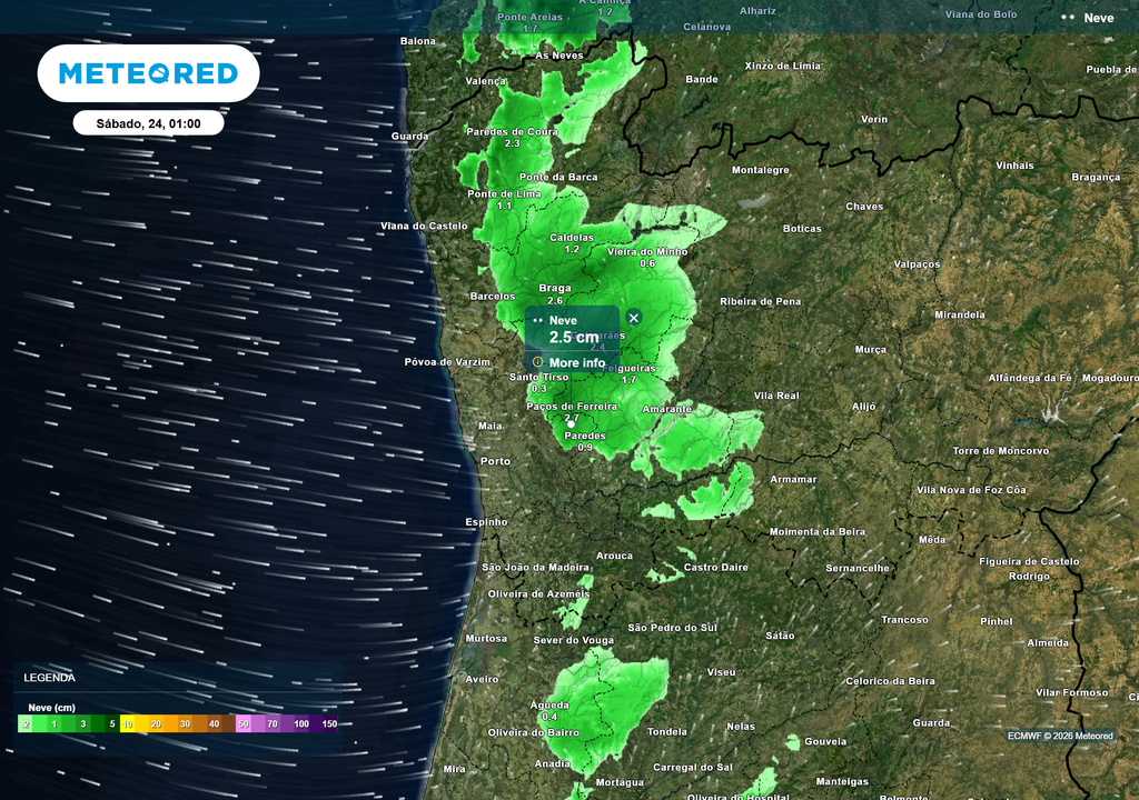 Possibilidade de queda de neve no concelho de Paredes, com acumulações pontuais na ordem dos 1 a 3 cm, associadas ao ar frio pós-frontal e à precipitação residual durante a noite