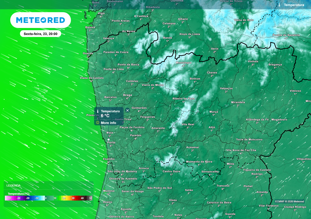 Temperatura prevista para as 20h de sexta-feira (23): arrefecimento noturno com os termómetros a descerem para cerca de 6 °C na região do Porto, valor inferior ao registado durante a manhã e que marca a verdadeira mínima do dia