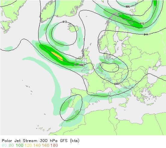 Figura 5. Atura del geopotencial a 300 hPa (en decámetros, curvas negras) y la velocidad del viento (en nudos, los campos de verde-amarillo con escala, abajo a la izquierda) analizadas por el modelo numérico del tiempo GFS a las 00:00 UTC el 17 de agosto de 2010. Notar que la convección se desarrolló unas horas antes, al final del día 16.