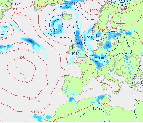 Figura 7. Pronóstico del modelo GFS (hora de ejecución 00:00 UTC, 17 de Agosto de 2010) para el mapas de presión en superficie (líneas rojas/azules) y precipitación (mm; sombreados azules) para el periodo 00:00-03:00 UTC, 17 de agosto.