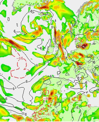 Figura 9. Pronóstico GFS de 3 horas de 700 hPa velocidad vertical (hPa/h, campos de color con isogramas (líneas rojas discontinuas) del índice KO menos que −6, para el 17 de agosto de 2010, 03:00 UTC. (La salida del modelo para las 00:00 UTC no está disponible) Explicación en el texto anterior.