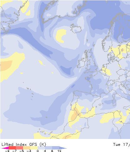 Figura 10. Análisis GFS del índice de elevación, LI (en K; escala abajo a la izquierda), 17 de agosto de 2010, 00:00 UTC. Los valores más bajos indican una mayor inestabilidad.